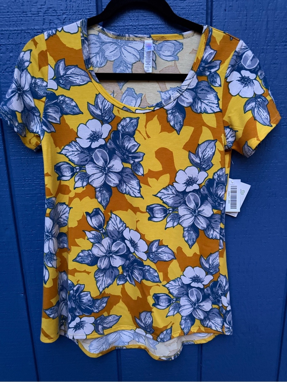 LuLaRoe Yellow and Blue Floral Scoop Neck Tee
